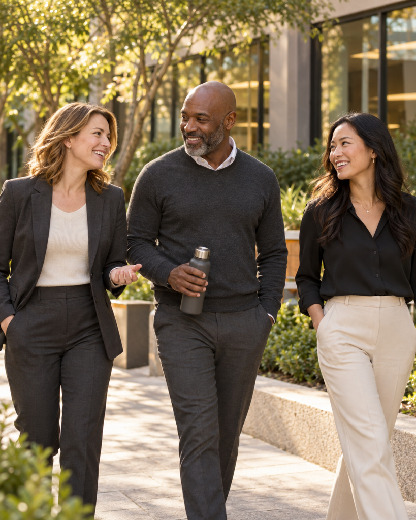 Colleagues share a healthy courtyard break